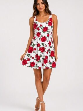 Divided H&M White sleeveless midi dress with Red Rose Print women’s size 6